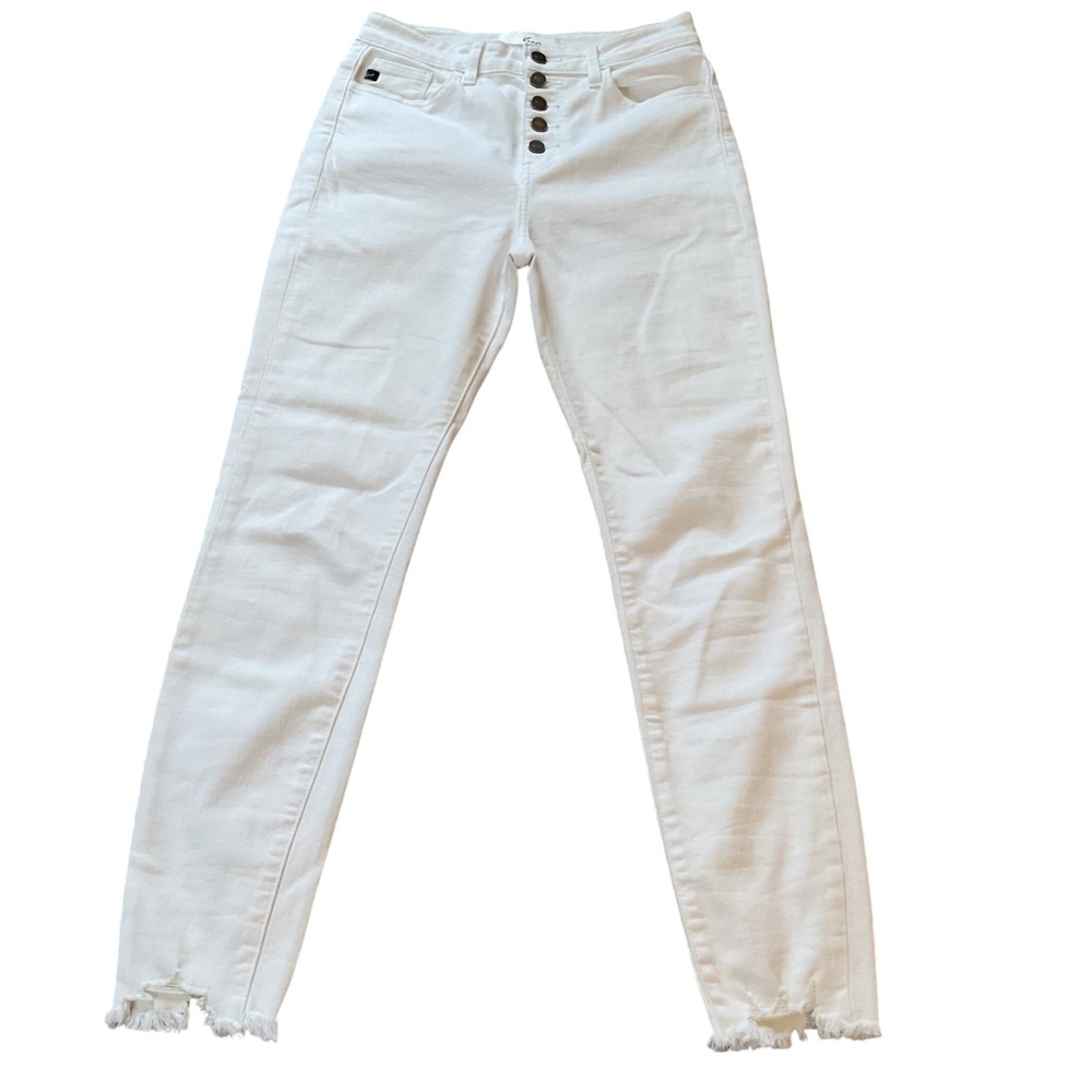 KanCan‎ White High Rise Button Fly Skinny Jeans Distressed Hem Womens 7/27